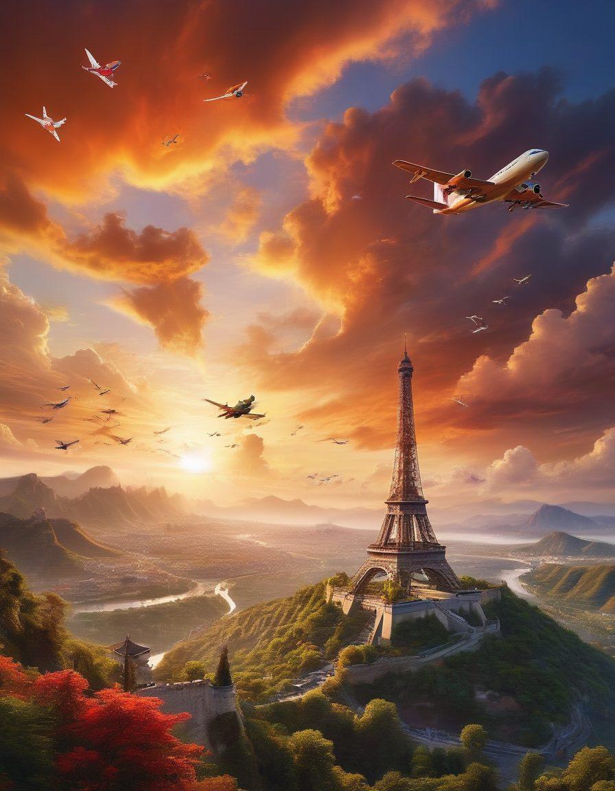 A captivating sky filled with various colorful airplanes soaring through fluffy white clouds, with a backdrop of a vibrant sunset. Below, a scenic travel destination showcasing landmarks from around the world like the Eiffel Tower and the Great Wall of China, inviting exploration and adventure. Incorporate subtle icons representing travel reviews, like stars and checkmarks, sprinkled throughout. The overall mood should evoke excitement and wanderlust. super-realistic. vibrant colors. dramatic lighting.