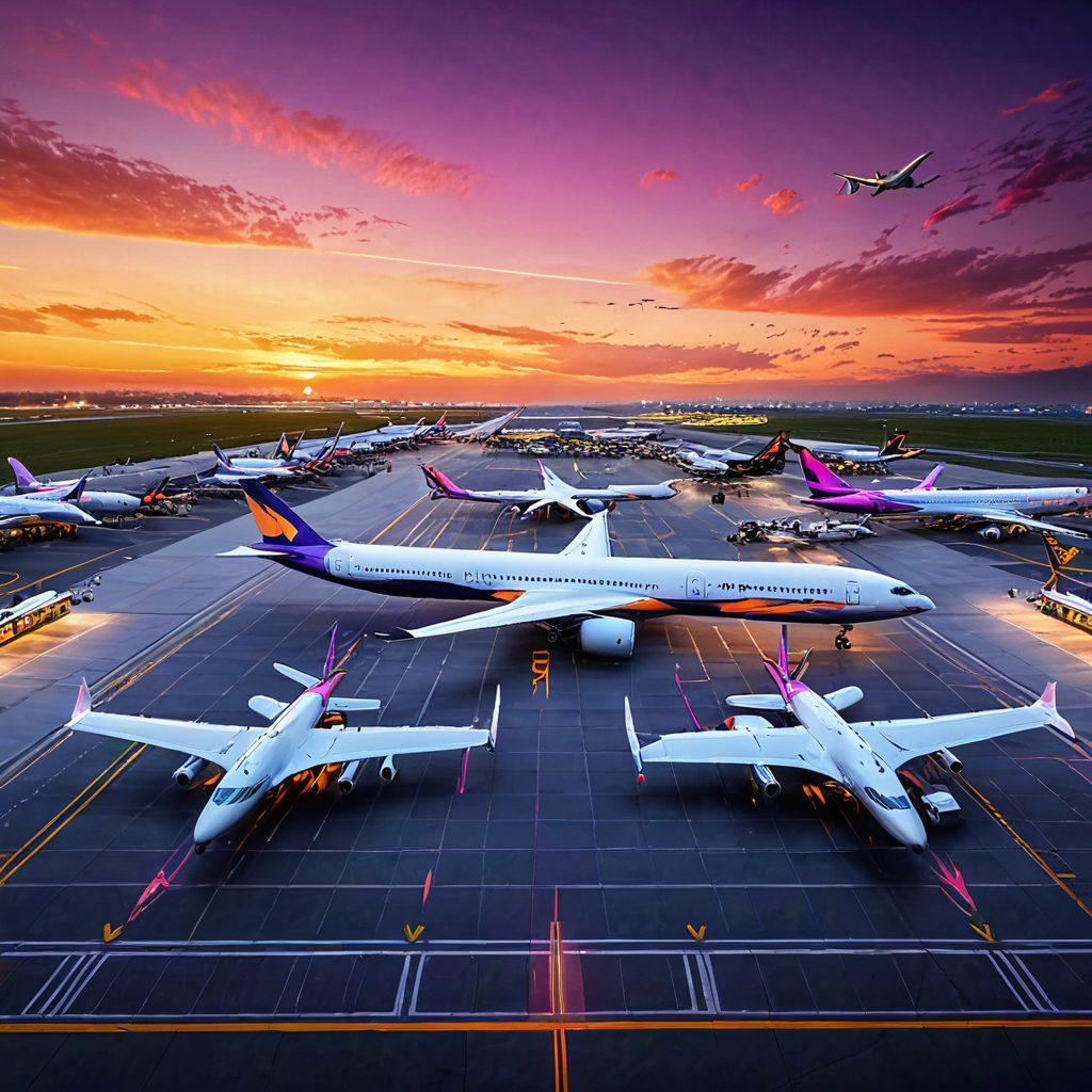A bird's-eye view of a bustling international airport, with sleek modern airplanes on the runway and passengers boarding. The sky is vibrant with a gradient sunset, symbolizing endless possibilities in air travel. Infographics of aviation trends float in the air, highlighting key statistics and innovations. Lush green landscapes surround the airport, depicting a harmonious blend of technology and nature. futuristic style. vibrant colors. 3D.